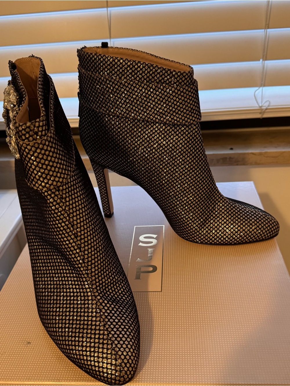 SJP by Sarah Jessica Parker Black and Silver Mesh Embellished Ankle Boots
